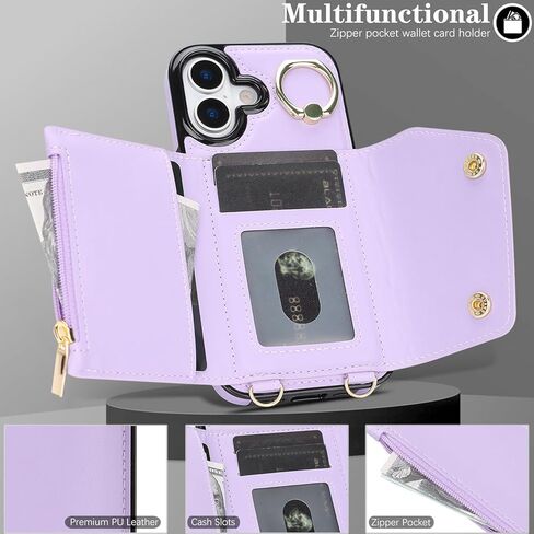 متوافق مع جراب محفظة iPhone 13/14 Crossbody مع حامل بطاقات للنساء، جراب هاتف RFID محجب من جلد البولي يوريثان وغطاء قلاب لحقيبة اليد مع فتحات للبطاقات وحامل معصم دائري، أسود in Kuwait