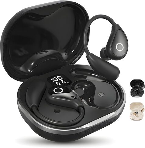 سماعات أذن لاسلكية مع خطافات للأذن، سماعات أذن رياضية فوق الأذن للجري وصالة الألعاب الرياضية، شاشة طاقة LED، وقت تشغيل يصل إلى 60 ساعة، شحن من النوع C، مقاومة للماء IPX5، مكالمات واضحة (جلد الشاي بالحليب) in Kuwait