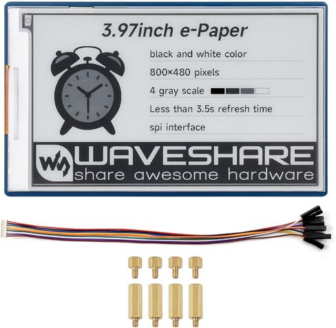 Waveshare 3.97inch E-Paper Display, E-Ink Display, 800 × 480 Pixels, Black/White, 4 Grey Scales, SPI Interface, Standard Raspberry Pi 40PIN GPIO Header, Comes with Driver Board in Saudi Arabia