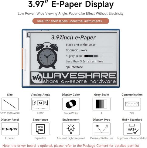 Waveshare 3.97inch E-Paper Display, E-Ink Display, 800 × 480 Pixels, Black/White, 4 Grey Scales, SPI Interface, Standard Raspberry Pi 40PIN GPIO Header, Comes with Driver Board in Saudi Arabia