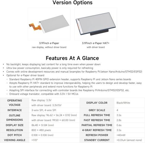 Waveshare 3.97inch E-Paper Display, E-Ink Display, 800 × 480 Pixels, Black/White, 4 Grey Scales, SPI Interface, Standard Raspberry Pi 40PIN GPIO Header, Comes with Driver Board in Saudi Arabia
