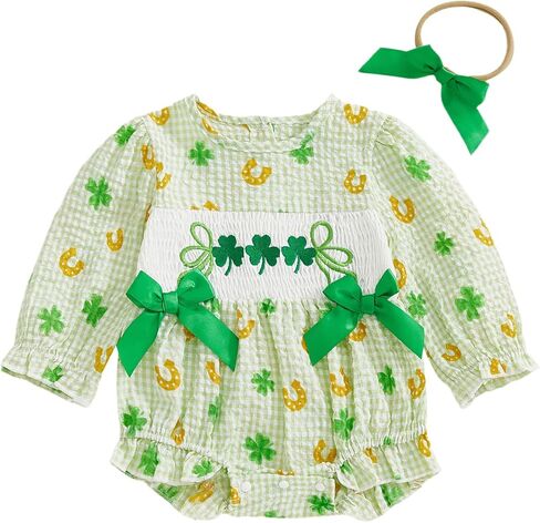 Newborn Baby Girl St Patricks Day Outfit Clover Lucky Charm Bow Ruffled Puff Sleeve Coming Home Romper + Headband in Saudi Arabia