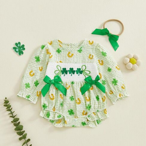 Newborn Baby Girl St Patricks Day Outfit Clover Lucky Charm Bow Ruffled Puff Sleeve Coming Home Romper + Headband in Saudi Arabia