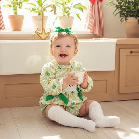 Newborn Baby Girl St Patricks Day Outfit Clover Lucky Charm Bow Ruffled Puff Sleeve Coming Home Romper + Headband in Saudi Arabia