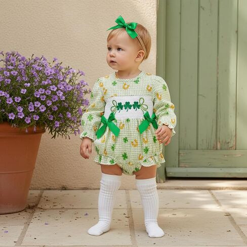 Newborn Baby Girl St Patricks Day Outfit Clover Lucky Charm Bow Ruffled Puff Sleeve Coming Home Romper + Headband in Saudi Arabia