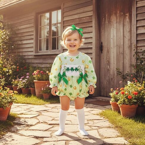Newborn Baby Girl St Patricks Day Outfit Clover Lucky Charm Bow Ruffled Puff Sleeve Coming Home Romper + Headband in Saudi Arabia
