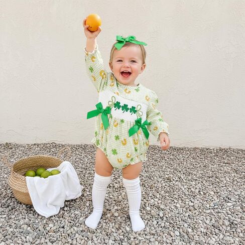 Newborn Baby Girl St Patricks Day Outfit Clover Lucky Charm Bow Ruffled Puff Sleeve Coming Home Romper + Headband in Saudi Arabia