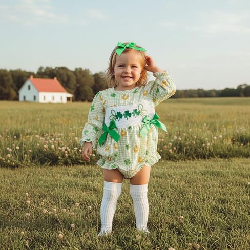 Newborn Baby Girl St Patricks Day Outfit Clover Lucky Charm Bow Ruffled Puff Sleeve Coming Home Romper + Headband in Saudi Arabia