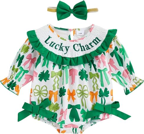Newborn Baby Girl St Patricks Day Outfit Clover Lucky Charm Bow Ruffled Puff Sleeve Coming Home Romper + Headband in Saudi Arabia