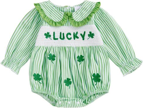 Newborn Baby Girl St Patricks Day Outfit Clover Lucky Charm Bow Ruffled Puff Sleeve Coming Home Romper + Headband in Saudi Arabia