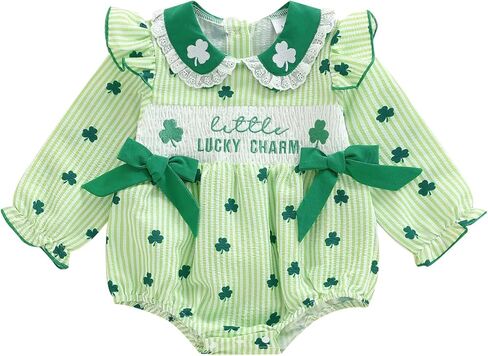 Newborn Baby Girl St Patricks Day Outfit Clover Lucky Charm Bow Ruffled Puff Sleeve Coming Home Romper + Headband in Saudi Arabia