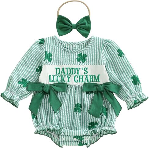 Newborn Baby Girl St Patricks Day Outfit Clover Lucky Charm Bow Ruffled Puff Sleeve Coming Home Romper + Headband in Saudi Arabia