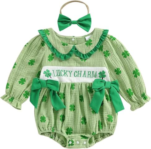 Newborn Baby Girl St Patricks Day Outfit Clover Lucky Charm Bow Ruffled Puff Sleeve Coming Home Romper + Headband in Saudi Arabia