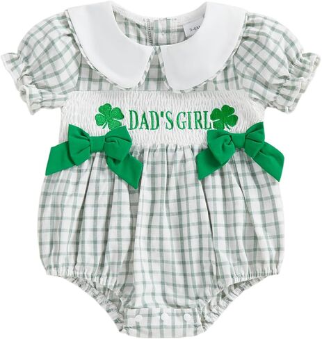Newborn Baby Girl St Patricks Day Outfit Clover Lucky Charm Bow Ruffled Puff Sleeve Coming Home Romper + Headband in Saudi Arabia