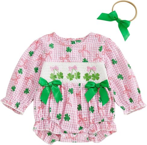Newborn Baby Girl St Patricks Day Outfit Clover Lucky Charm Bow Ruffled Puff Sleeve Coming Home Romper + Headband in Saudi Arabia