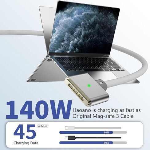 كابل USB-C إلى مغناطيسي 3 بقوة 140 واط، بطول 6.6 أقدام متوافق مع كابل شحن MagSafe لجهاز MacBook Pro 16/14 بوصة 2024/2023 (M4/M3/M2) وMacBook Air 15/13 بوصة 2025/2024 (M4/M3/M2) in Kuwait