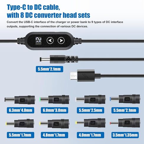 كابل USB C إلى DC 5V/9V/12V/15V/20V مع 8 رؤوس تحويل DC وشاشة عرض LED، وكابل طاقة USB إلى DC للاستخدام مع شاحن PD وبنك الطاقة PD لمكبرات الصوت وأجهزة التوجيه وأجهزة الكمبيوتر المحمولة (3.9 قدم) in Kuwait