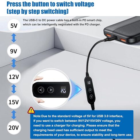كابل USB C إلى DC 5V/9V/12V/15V/20V مع 8 رؤوس تحويل DC وشاشة عرض LED، وكابل طاقة USB إلى DC للاستخدام مع شاحن PD وبنك الطاقة PD لمكبرات الصوت وأجهزة التوجيه وأجهزة الكمبيوتر المحمولة (3.9 قدم) in Kuwait