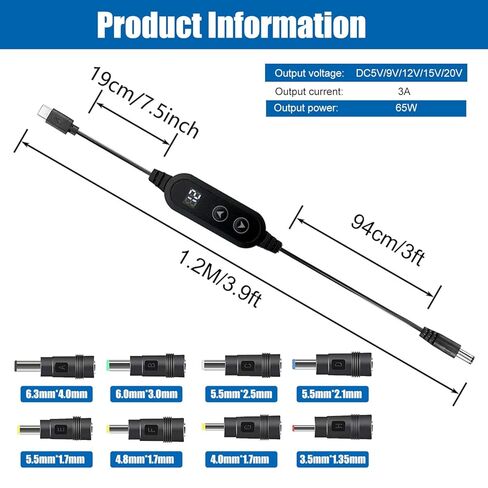 كابل USB C إلى DC 5V/9V/12V/15V/20V مع 8 رؤوس تحويل DC وشاشة عرض LED، وكابل طاقة USB إلى DC للاستخدام مع شاحن PD وبنك الطاقة PD لمكبرات الصوت وأجهزة التوجيه وأجهزة الكمبيوتر المحمولة (3.9 قدم) in Kuwait