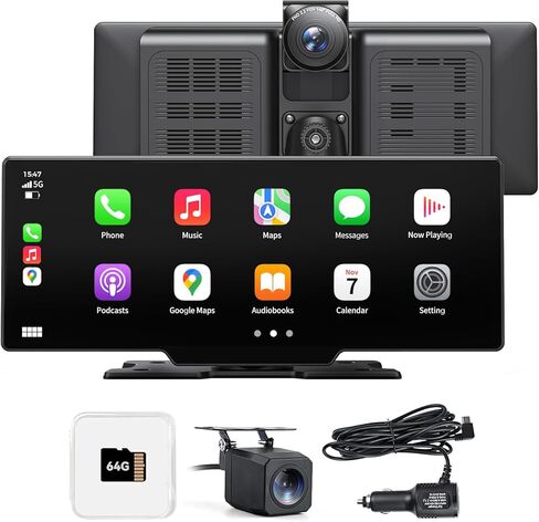 شاشة Apple Carplay المحمولة للسيارة، شاشة لمس لاسلكية مقاس 10 بوصات مع كاميرا داش 4K، وكاميرا احتياطية 1080 بكسل، وCarplay&Android Auto، وتسجيل حلقة، وملاحة GPS، وبلوتوث in Kuwait