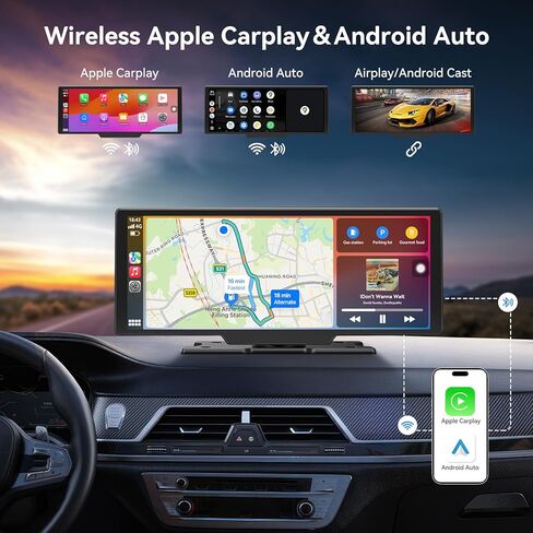 شاشة Apple Carplay المحمولة للسيارة، شاشة لمس لاسلكية مقاس 10 بوصات مع كاميرا داش 4K، وكاميرا احتياطية 1080 بكسل، وCarplay&Android Auto، وتسجيل حلقة، وملاحة GPS، وبلوتوث in Kuwait