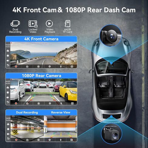 شاشة Apple Carplay المحمولة للسيارة، شاشة لمس لاسلكية مقاس 10 بوصات مع كاميرا داش 4K، وكاميرا احتياطية 1080 بكسل، وCarplay&Android Auto، وتسجيل حلقة، وملاحة GPS، وبلوتوث in Kuwait