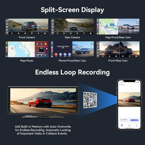 شاشة Apple Carplay المحمولة للسيارة، شاشة لمس لاسلكية مقاس 10 بوصات مع كاميرا داش 4K، وكاميرا احتياطية 1080 بكسل، وCarplay&Android Auto، وتسجيل حلقة، وملاحة GPS، وبلوتوث in Kuwait