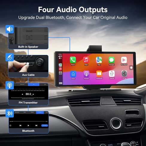 شاشة Apple Carplay المحمولة للسيارة، شاشة لمس لاسلكية مقاس 10 بوصات مع كاميرا داش 4K، وكاميرا احتياطية 1080 بكسل، وCarplay&Android Auto، وتسجيل حلقة، وملاحة GPS، وبلوتوث in Kuwait