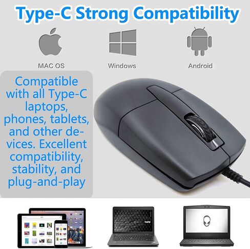 USB C Wired Mouse, Type-C Interface Portable Lightweight Ergonomic Silent Optical Mice, Plug and Play, 3-Button Ambidextrous for Mobile Phone PC Laptop Tablet MacBook, Home Office Travel Boy Men Gift in Saudi Arabia