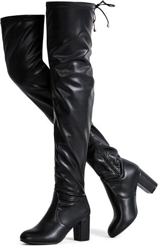 Women's Over the Knee Thigh High Long Boots with Block Heel | Tie-top stretch shaft, inner side zipper and slender high heel, a sleek over-the-knee look for dresses, jeans and parties in Saudi Arabia