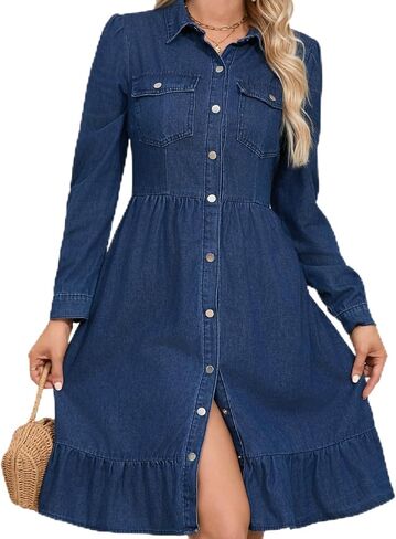 Women‘s Flowy Denim Dress A Line Ruffle Midi Jean Dresses Vacation Puff Long Sleeve Button Down Lapel Neck Casual Dress in Saudi Arabia