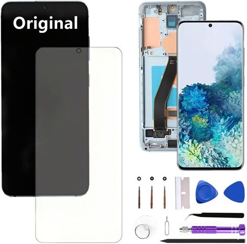 استبدال شاشة AMOLED Galaxy S20 الأصلية مقاس 6.2 بوصة لهاتف Samsung Galaxy S20 5G G981U G981U1 مجموعة محول رقمي لشاشة تعمل باللمس (مع إطار أزرق + فيلم واقي + أدوات) in Kuwait