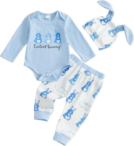 Sasaerucure Infant Baby Boy First Easter Outfit Bunny Long Sleeve Romper Pants Hat 3PCS Clothes Set in Saudi Arabia