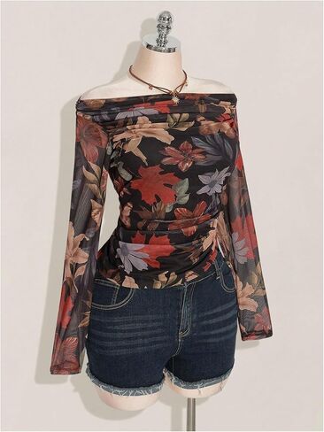 SHENHE Women's Plus Size Off Shoulder Floral Long Sleeve Top Ruched Mesh Vacation Shirts in Saudi Arabia