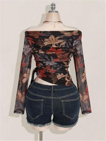 SHENHE Women's Plus Size Off Shoulder Floral Long Sleeve Top Ruched Mesh Vacation Shirts in Saudi Arabia