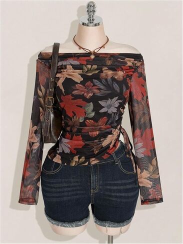 SHENHE Women's Plus Size Off Shoulder Floral Long Sleeve Top Ruched Mesh Vacation Shirts in Saudi Arabia
