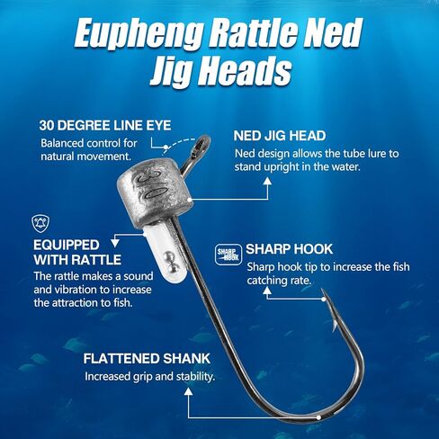 رؤوس تهزهز أنبوبية من Eupheng لصيد الأسماك، خطافات طعم أنبوبية برؤوس خشخيشة Ned 3/16 أونصة 1/4 أونصة 3/8 أونصة (15/12 قطعة) in Saudi Arabia