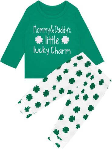 BabyMars Toddler Boys Girls St Patrick's Day Outfit Mommy's Lucky Charm Clover Long Sleeve Pant Set in Saudi Arabia