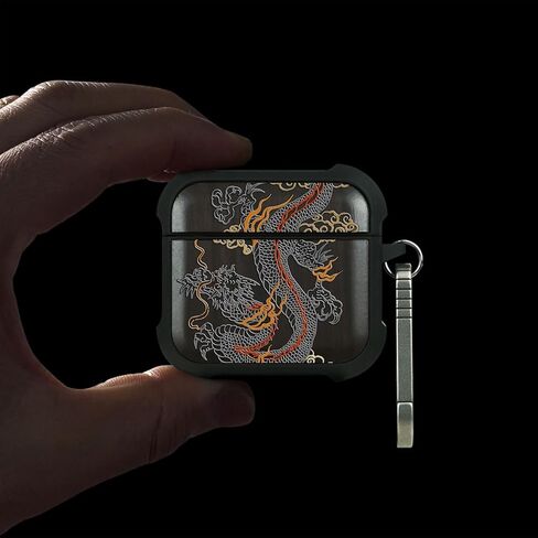 for AirPods 4 Case (2024) (USB-C), Shockproof Cover with Quick Released Keychain, Compatible with AirPods 4th Generation, Natural Wood Hand-Drawn (Imperial Dragon) Dark Wood in Saudi Arabia