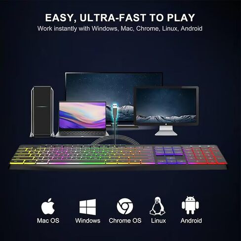 Wired Rainbow LED Gaming Keyboard, 104 Keys Light Up Mechanical Feeling Computer Keyboard for Windows, Laptop, PC Gamers Office Device, Travel, Easy to Carry on Business Trip,Woking(Black) in Saudi Arabia