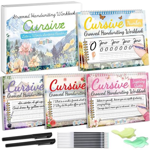 GISGFIM 4 PACK GROOVED LURSIVE LREKBRING Forkbook Kit Magic Magic Grooved Handriting Practice مع اختفاء أقلام الحبر المبتذلة للطلاب من أجل الأطفال ، رسائل رسائل القراءة in Kuwait