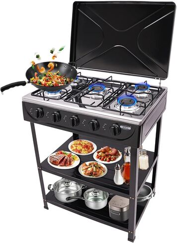 Outdoor Camping Stove, 5 Burner Propane Gas Cooker with Removable Storage Shelf and Windshield Cover for Camping, RV Outdoor Activities (Black) in Saudi Arabia