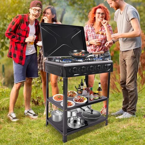 Outdoor Camping Stove, 5 Burner Propane Gas Cooker with Removable Storage Shelf and Windshield Cover for Camping, RV Outdoor Activities (Black) in Saudi Arabia