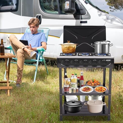 Outdoor Camping Stove, 5 Burner Propane Gas Cooker with Removable Storage Shelf and Windshield Cover for Camping, RV Outdoor Activities (Black) in Saudi Arabia
