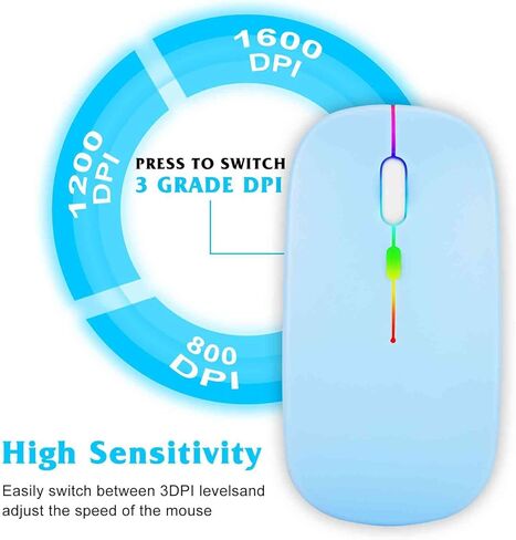 UrbanX 2.4GHz & Bluetooth Mouse, Rechargeable Wireless Mouse for Lenovo Tab M10 HD Gen 2 Bluetooth Wireless Mouse for Laptop/PC/Mac/Computer/Tablet/Android RGB LED Sky Blue in Saudi Arabia