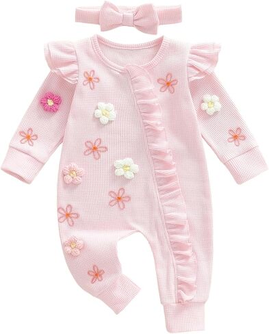 Newborn Baby Girl Clothes Coming Home Outfit Floral Ruffle Romper Waffle Knit Zipper Onesie Jumpsuit Fall Winter in Saudi Arabia