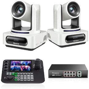 Tenveo 4K PTZ Camera Bundle/Kits - 4K 20X NDI AI Humanoid & Face Auto-Tracking 3G-SDI/HDMI/USB3.0/LAN(PoE) PTZ Camera(*2), 7'' Quad-Screen NDI PTZ Joystick Controller and 8 Port Gigabit PoE Switch in Kuwait