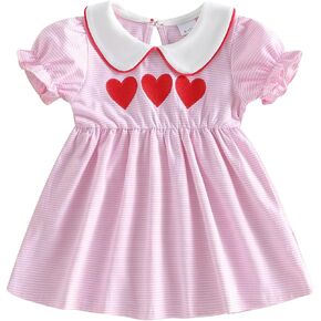 Baby Girls Valentine Day Mini Dress Short Sleeve Doll Collar Heart Graphic A-Line Smocked Dress Toddler Cute Dress in Saudi Arabia