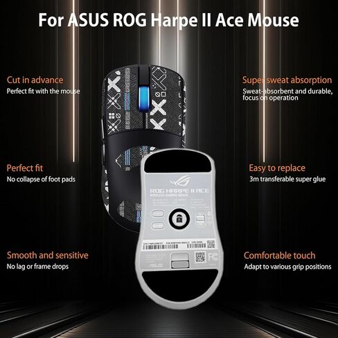 شريط قبضة الماوس تغطية كاملة لجهاز ASUS ROG Harpe II Ace، مجموعة ترقية الفئران الاحترافية ذاتية اللصق ومقاومة للعرق، زلاجات أقدام الماوس (وسادة قدم + شريط قبضة ماوس أسود) in Saudi Arabia