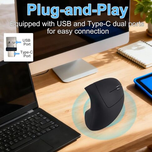 Ergonomic Mouse Wireless 2.4GHz Optical Right Hand Vertical Mouse with USB & Type-C Dual Port Receiver 6 Buttons Portable Silent USB Wireless Mice for PC Laptop Desktop Computer Mac Adult Gifts, Black in Kuwait